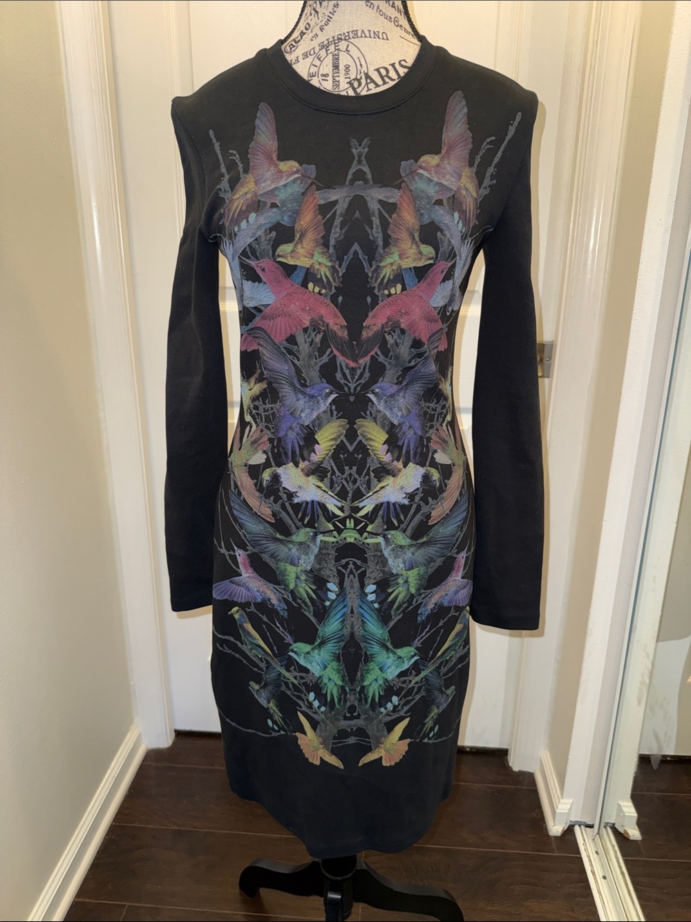 Black Long-Sleeve Shift Dress with Multicolor Bird Print